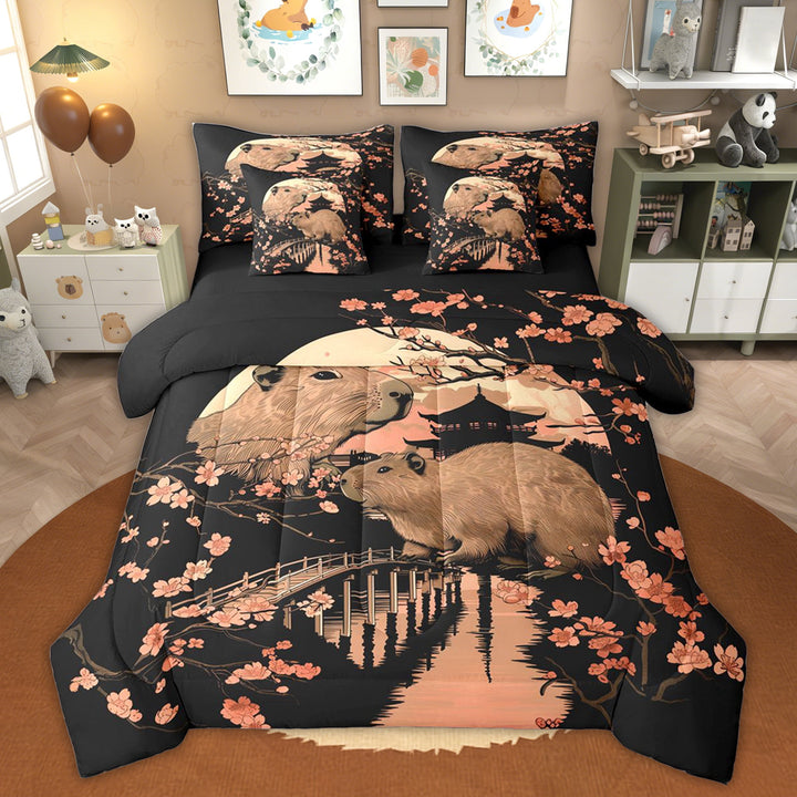 Erosebridal Kids Capybara Twin Bedding Sets, Japanese Blossoms Floral Bedding Comforter Set, Black Pink, 7-Piece