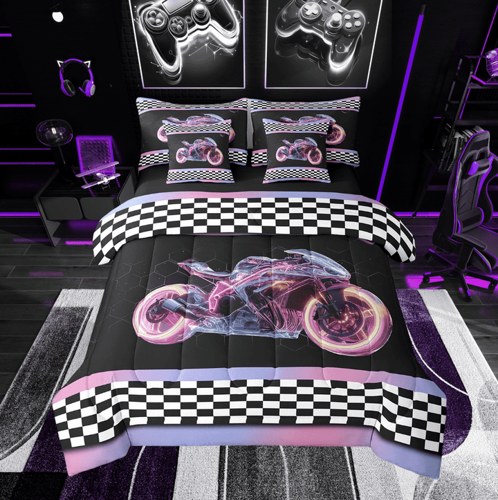 Erosebridal Cool Motorcycle Bed in a Bag Twin size, Honeycomb Bed Set, Checkered Flag Decor, Reversible 7pcs