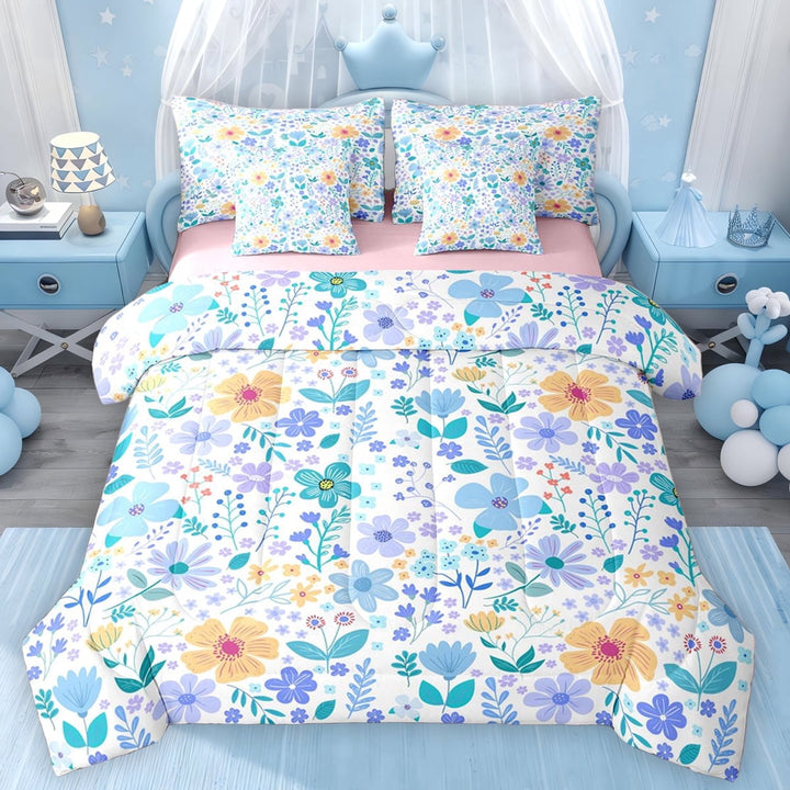 Erosebridal Watercolor Blue Flower Twin Bedding Sets, Groovy Floral Bedding Comforter Set for Girls, Pink Reversible, 7 Pieces