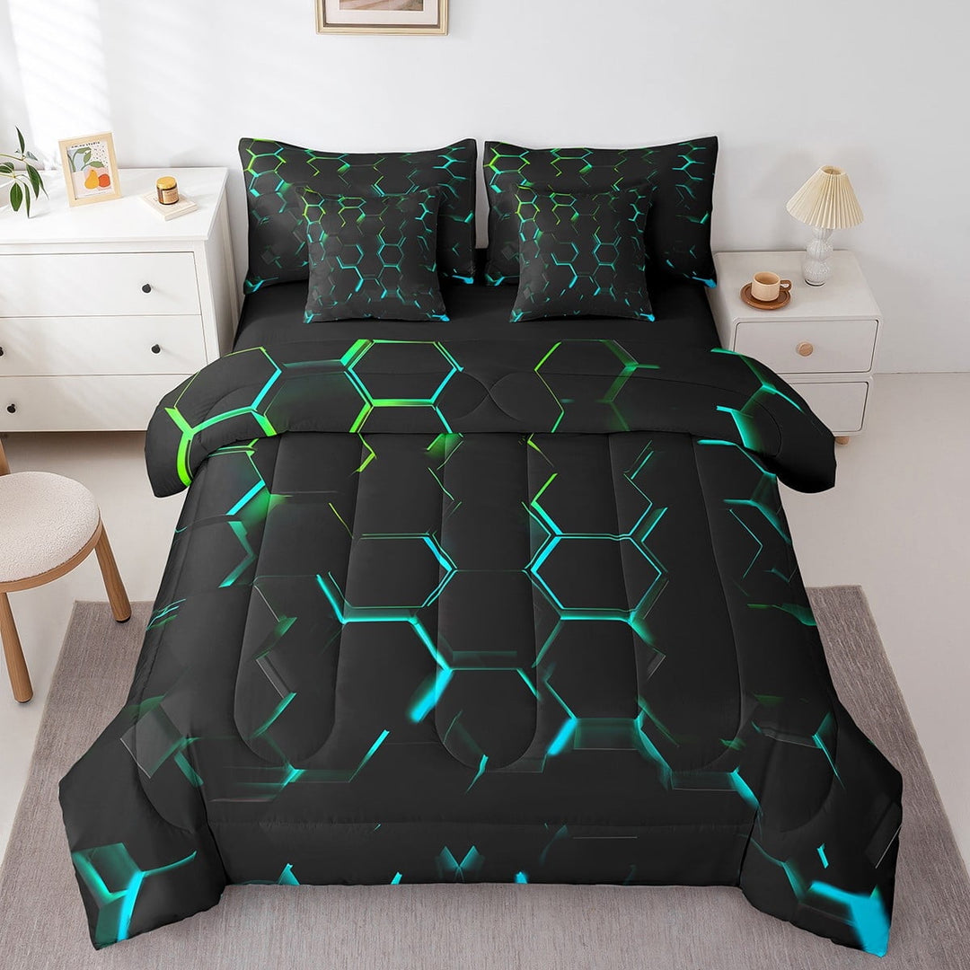 Honeycomb Twin Comforter Set 7 Piece Black Blue Green Bedding Abstract Geometric Bed in a bag Teen Teal Neon Stereoscopic Geometrical Beehive Bed Set