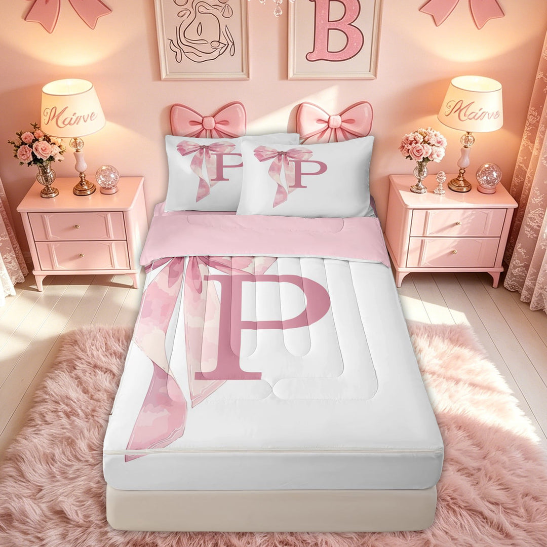 meiyoeat Pink Bow Letter P Zipper Full Size Comforter Sets with Fitted Sheet and 2 Pillowcases for Girls, Dreamy Princess Style Zipper Bedding Set, Pink Reversible, 4 Pieces