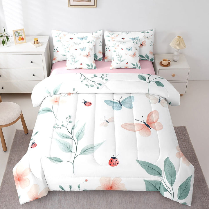 7 Piece Butterfly Full Size Bed in a Bag Rustic Farmhouse Bedding Sets Farmstyle Comforter Set with Sheets Spring Floral Decor Bed Set Garden Themed Sheets Teens