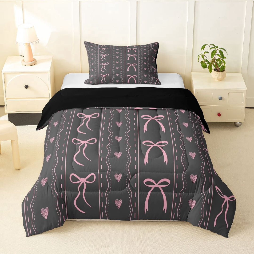 Erosebridal Grey Pink Bowknot Kids Twin Comforter Sets, Kawaii Love Heart Bedding Set, Black Reversible, 2pcs