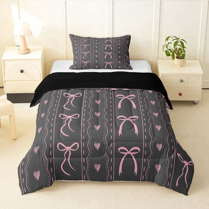 Erosebridal Grey Pink Bowknot Kids Twin Comforter Sets, Kawaii Love Heart Bedding Set, Black Reversible, 2pcs
