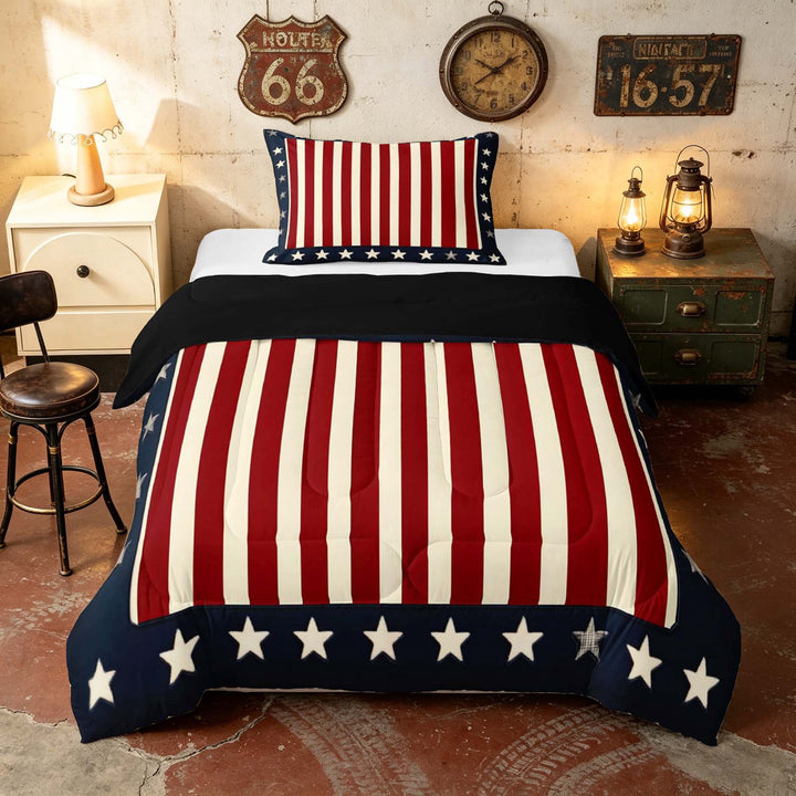 Manfei Vintage Stripes Twin Comforter Sets, Patriotic Stars Bedding Set, Red White Blue, Black Reversible 2pcs, 1 Comforter and 1 Pillowcase