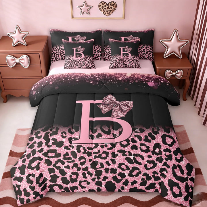Erosebridal Chic Cheetah Pattern 7-Piece Twin Bedding Sets,Pink Glitter Print Bowknot Letter B Bedding Comforter Set For Girls Kids,Reversible pink