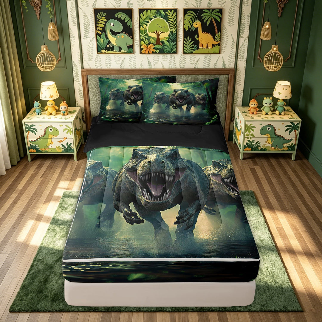meiyoeat 3D Rustic Dino Family Zipper Full Size Comforter Sets with Fitted Sheet and 2 Pillowcases for Kids Boys, Green Jungle Dinosaur Zipper Bedding Set, Black ReversibleB