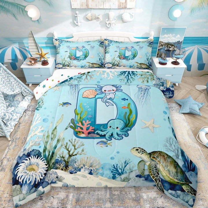 Erosebridal Watercolor Ocean Coral Full Size Comforter Sets For Boys,Cute Axolotl Letter D Monogrammed Kids Bedding Sets,Reversible 3-Piece