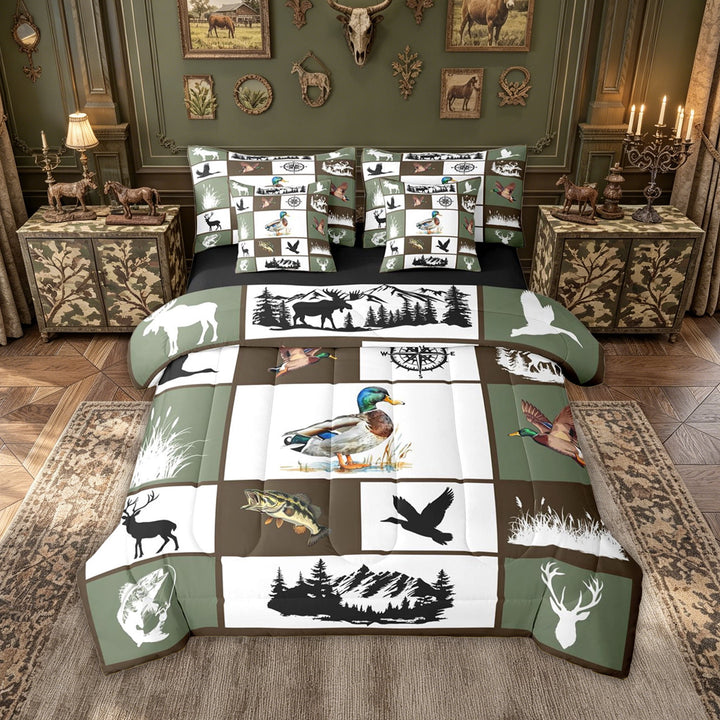 meiyoeat Outdoor Hunting Wildlife Full Size Bedding Sets for Men Boys, Vintage Rustic Cabin Patchwork Full Size Bed in a Bag, Olive Drab, Black Reversible, 7pcs