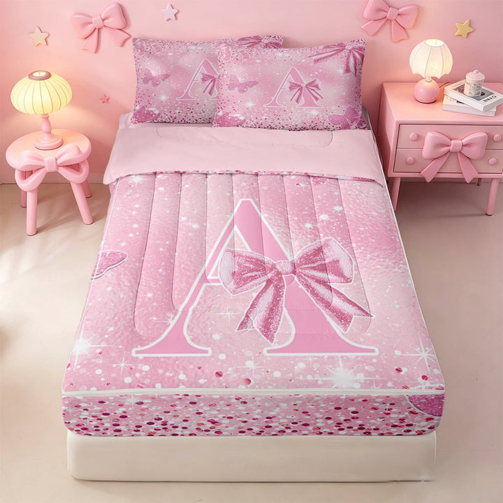 meiyoeat Glitter Bowknot Print Monogram A Zipper Full Size Comforter Sets with Fitted Sheet and 2 Pillowcases,Pink Cute Initial Zipper Bedding Set For Girl,Pink Reversible,4 Pieces