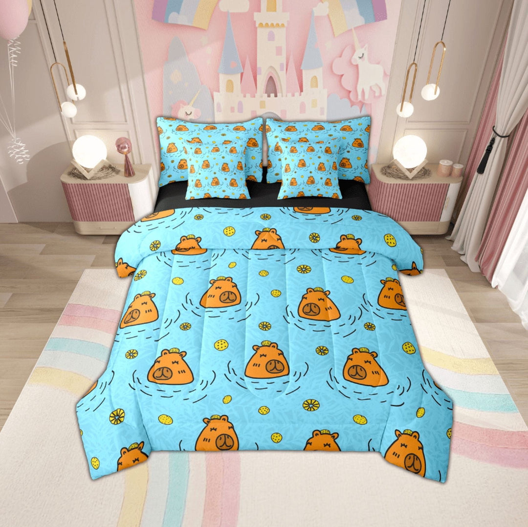 Manfei Cute Kapibara 7 Pieces Bedding Comforter Set,Cartoon Animal Full Bedding Set,Brown Blue Fitted Sheet Flat Sheet For Girls Boys,Ultra Soft Home Decor Reversible