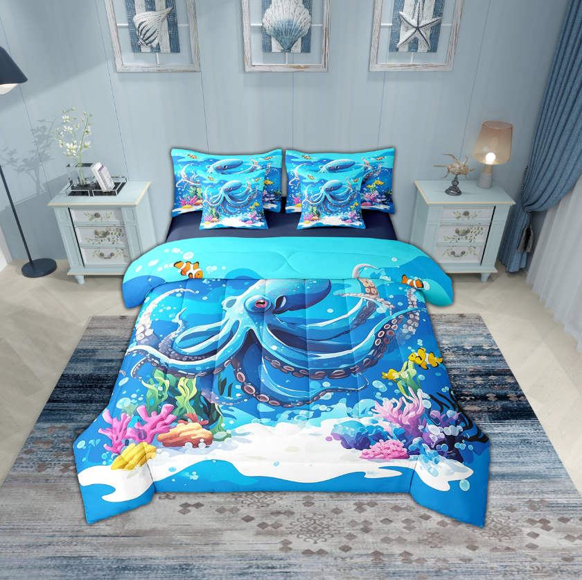Erosebridal Blue Octopus Bedding Sets Twin Size,Marine Animal Comforter Sets with Sheets,Ultra Soft Reversible Bed in a Bag Twin size,Ocean Theme Decor,7pcs