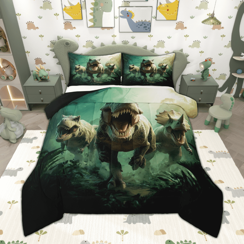 Manfei Boys Dinosaur Full Size Comforter Sets, Dino Theme Bedding Comforter Set, Jungle Wildlife Bedding Sets, Super Cozy Room Decor Reversible 3pcs