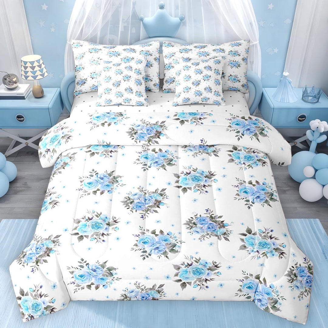 Erosebridal Blue Flower Twin Bedding Sets for Girls, Spring Garden Floral Bedding Comforter Set, Reversible, 7-Piece