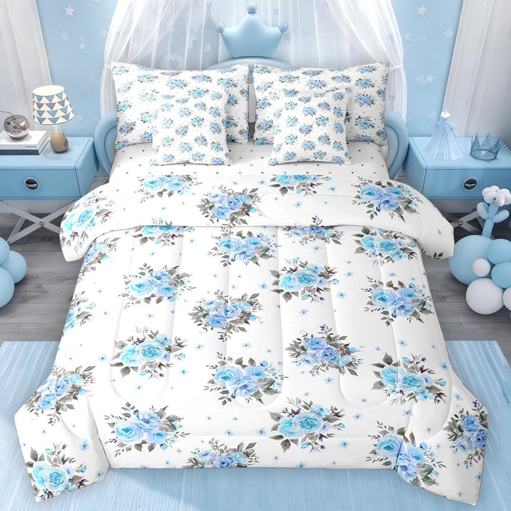 Erosebridal Blue Flower Twin Bedding Sets for Girls, Spring Garden Floral Bedding Comforter Set, Reversible, 7-Piece