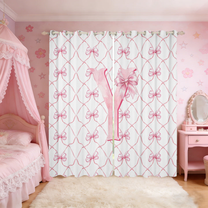 Manfei Monogrammed Y Curtains and Drapes (38x45),Ribbon Bowknot Blackout Curtains for Bedroom,Pink White Curtains Pack of 2 (38x45),Microfiber Room Decorative