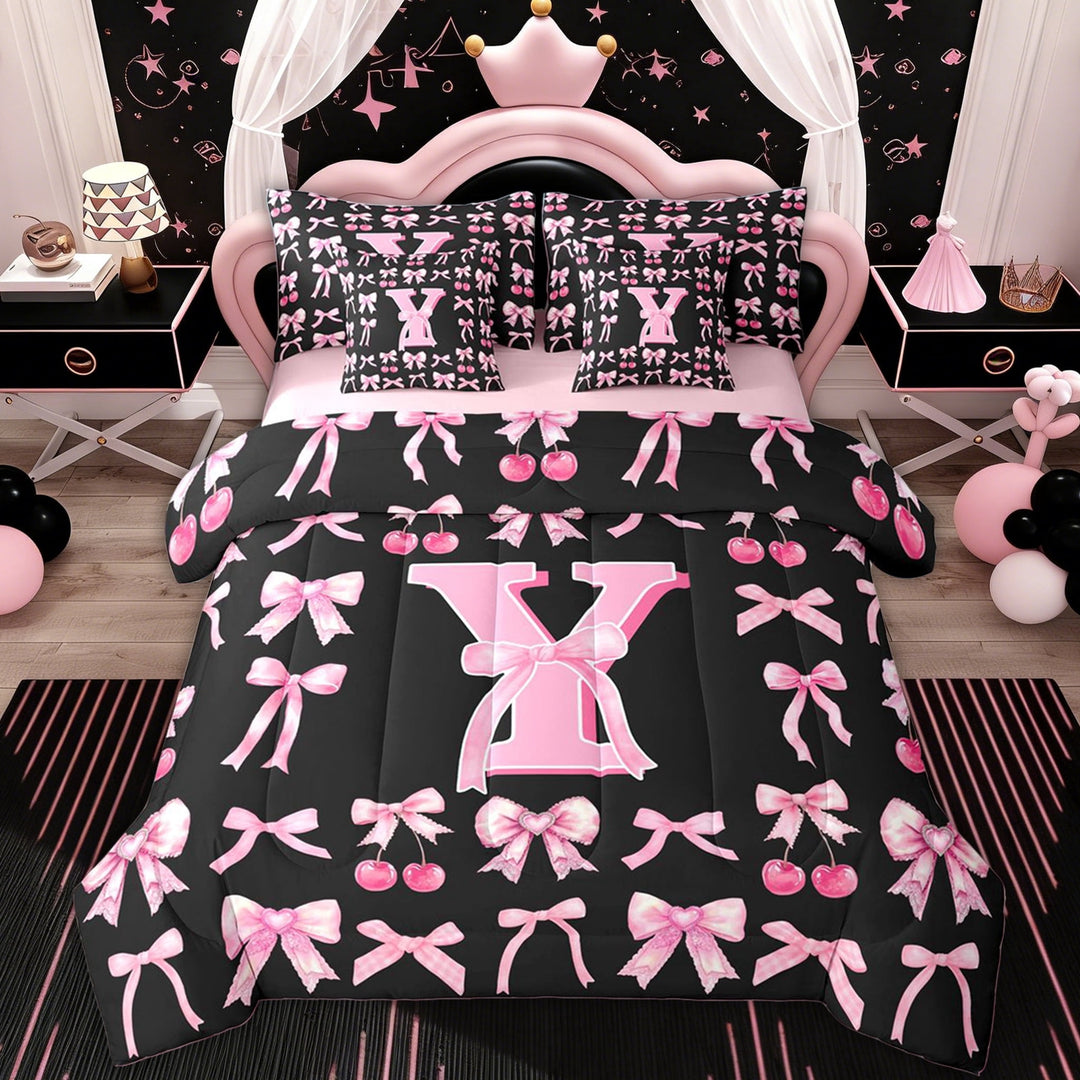 Erosebridal Black Pink Y Letter Twin Bedding Sets, Cute Bowknot Cherry Bedding Comforter Set, 7 Pieces