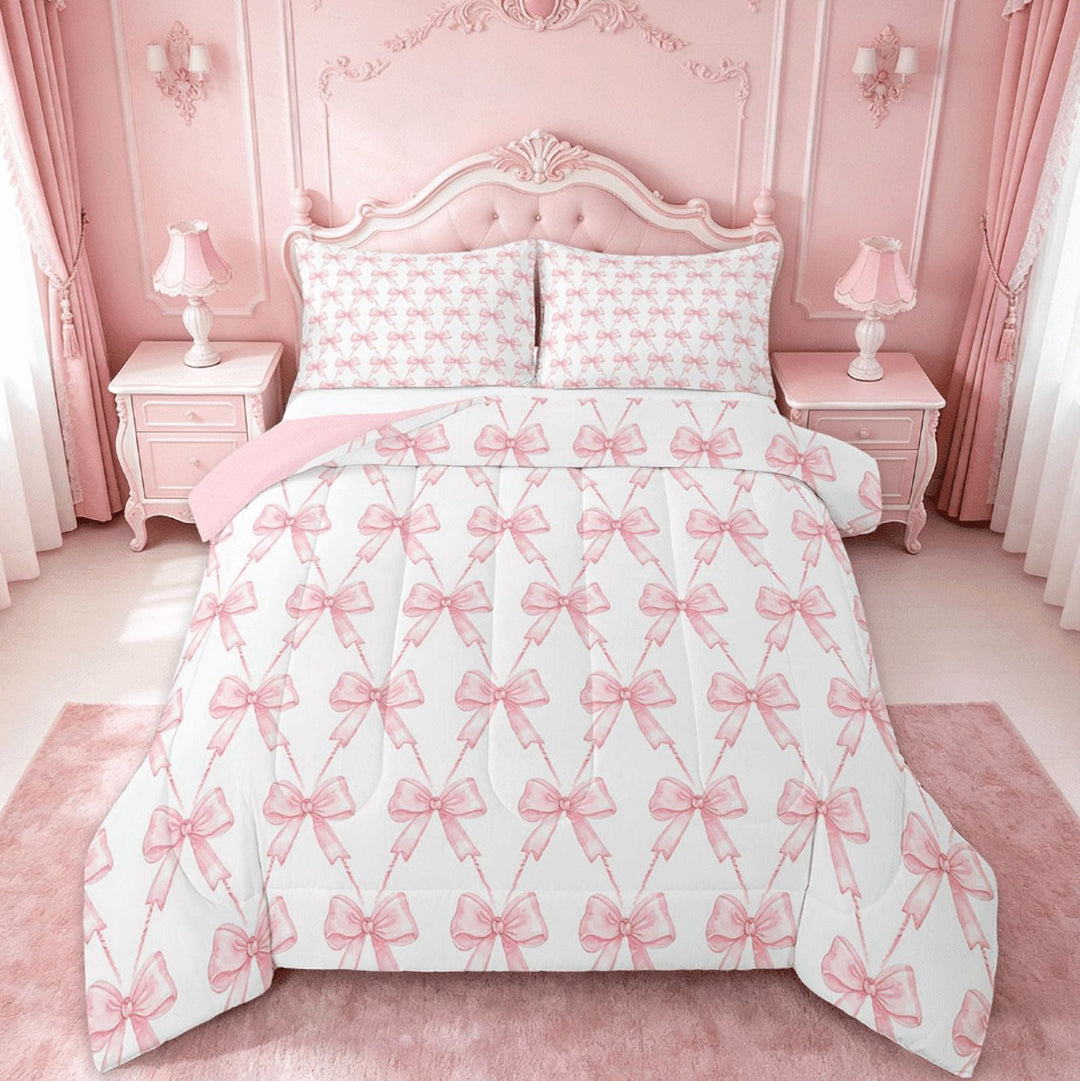 Manfei Kawaii Bow Full Size Comforter Sets,Girls Bow Knot Bedding Comforter Set,Pink White Bedding Sets,Breathable Bedroom Decorative Reversible,3-Piece