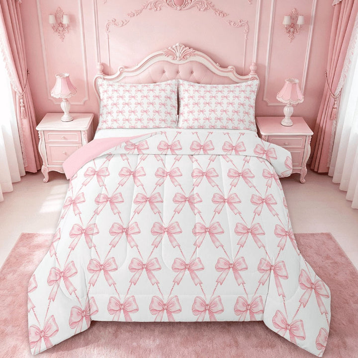 Manfei Kawaii Bow Full Size Comforter Sets,Girls Bow Knot Bedding Comforter Set,Pink White Bedding Sets,Breathable Bedroom Decorative Reversible,3-Piece
