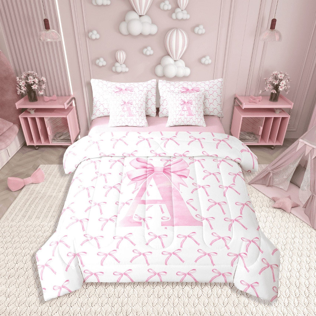 Erosebridal Kawaii Bowknot Bedding Sets Twin Size,Initial Letter Comforter Sets with Sheets,Monogrammed Decor,Reversible,7pcs