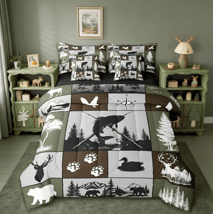 Manfei Big Pike Fish Hunting 7 Pieces Bedding Comforter Set For Boys,Duck Deer Hunter And Fishing Themed Full Bedding Set Rustic Camping Home Decor Reversible