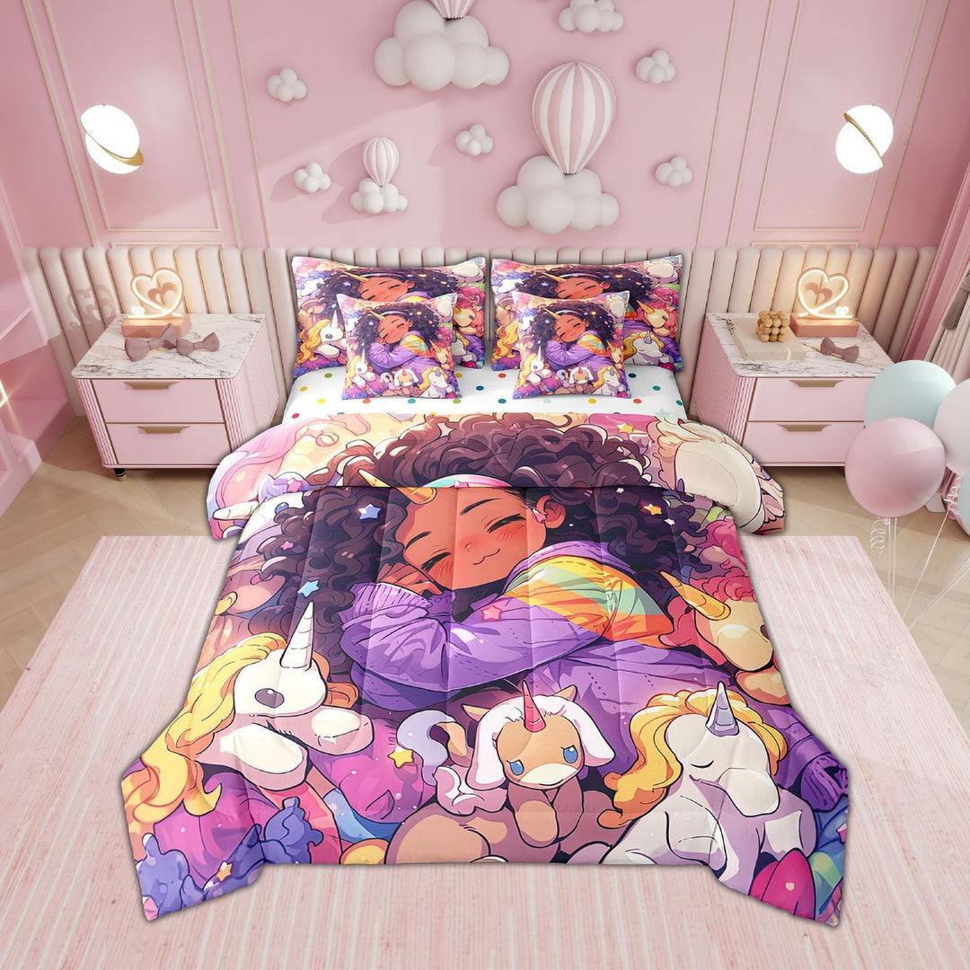 Black Hair Girls Comforter Set 7 Piece Bed in a Bag Twin,Cartoon Unicorn Bedding Sets American African Afro Melanin Princess Sheet Set with Comforter