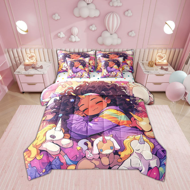 Black Hair Girls Comforter Set 7 Piece Bed in a Bag Twin,Cartoon Unicorn Bedding Sets American African Afro Melanin Princess Sheet Set with Comforter
