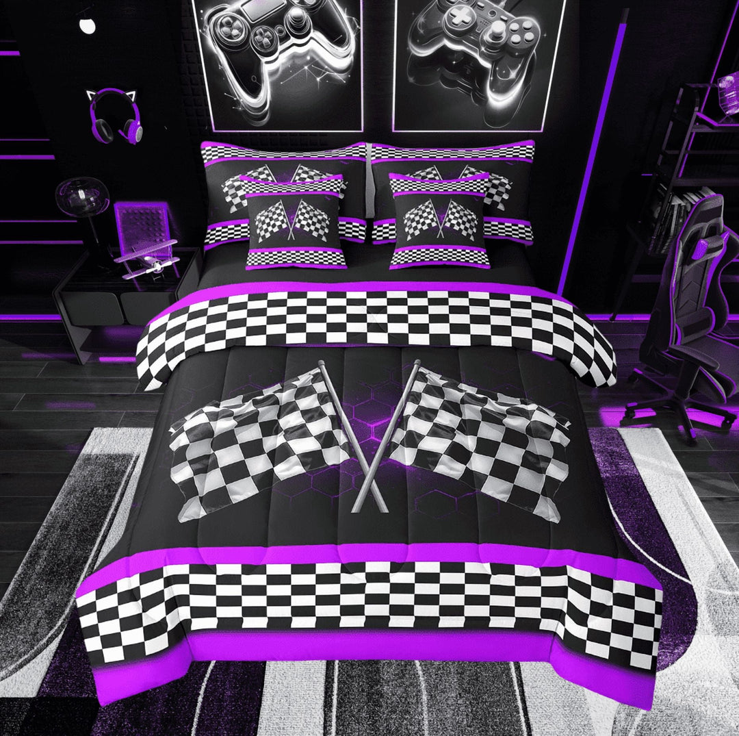 Erosebridal Racing Flag Bedding Sets Twin Size, Checkered Comforter Sets with Sheets, Neon Geometry Decor, Reversible 7-Piece