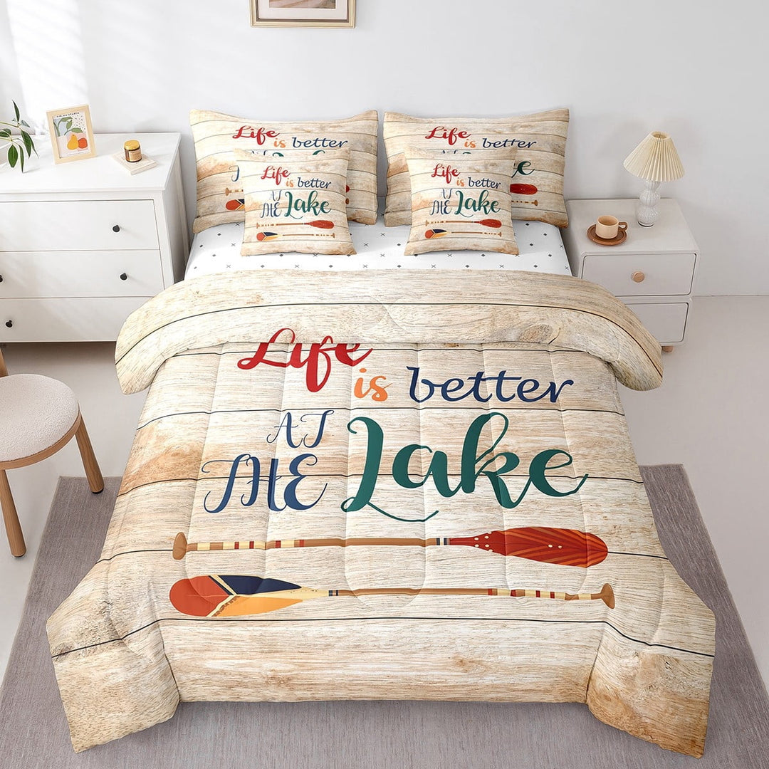 Life is Better at the Lake Comforter Set ,Camper Wooden Lake House Bedding Sets Queen,Lake Paddle Bed in A Bag,Farmhouse Camping Reversible Bed Sets 7 Piece
