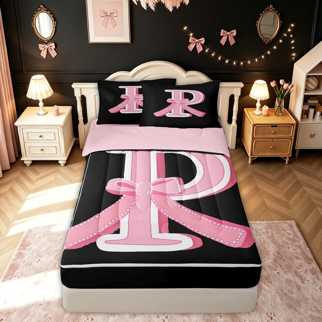meiyoeat Black Pink Letter P Zipper Full Size Comforter Sets with Fitted Sheet and 2 Pillowcases for Kids Girls, Kawaii Princess Bow Monogram Zipper Bedding Set, Pink ReversibleG