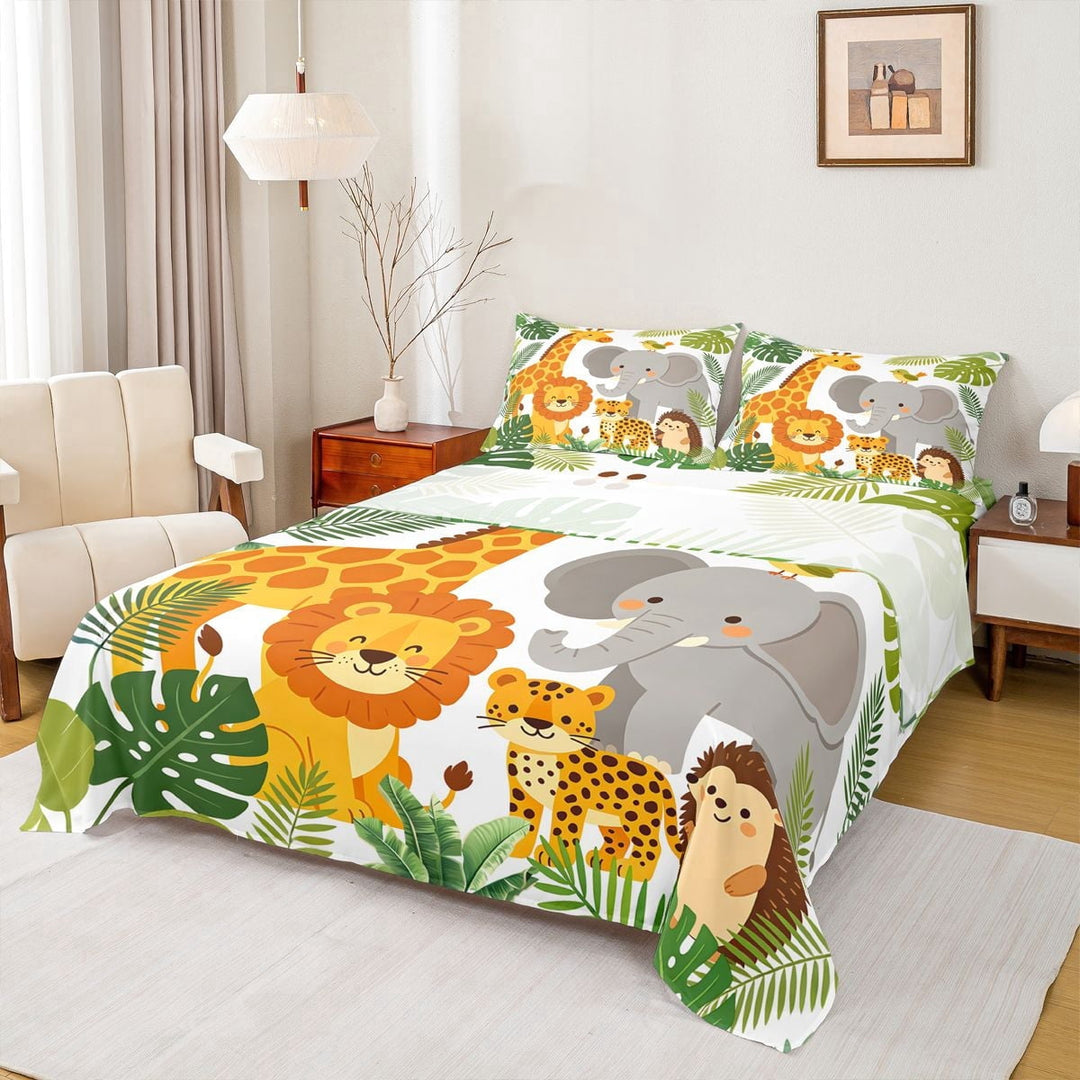 Manfei Lovely Tiger Giraffe Bed Sheets,Zoo Animal Elephant Full Size Sheets,Green,4-Piece,1 Flat Sheet, 1 Fitted Sheet and 2 Pillowcases