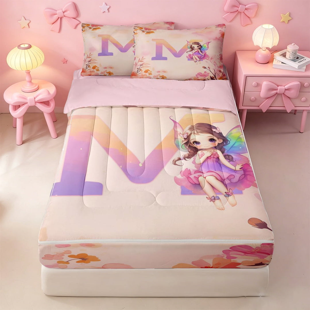 meiyoeat Cute Princess Zipper Twin Comforter Sets with Fitted Sheet and 2 Pillowcases,Initial Letter M Zipper Bedding Set For Girl,Pink Reversible,4-Piece