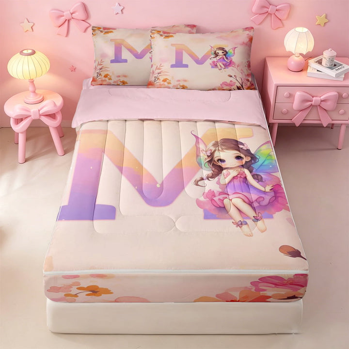 meiyoeat Cute Princess Zipper Twin Comforter Sets with Fitted Sheet and 2 Pillowcases,Initial Letter M Zipper Bedding Set For Girl,Pink Reversible,4-Piece