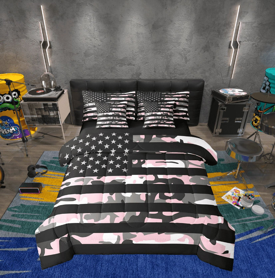 Erosebridal American Flag Bed in a Bag Twin size, Retro Camouflage Bed Set, Military Decor, Reversible 7 Pieces