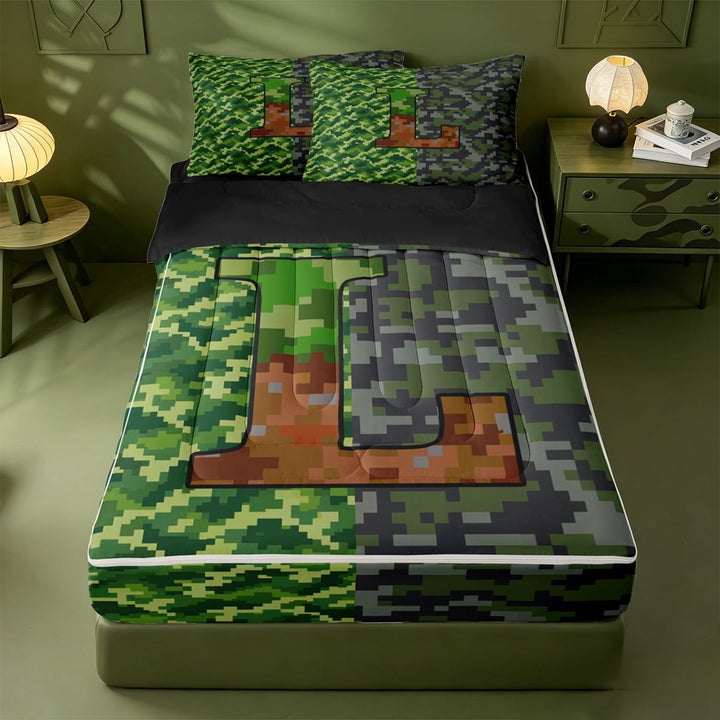 meiyoeat Pixel Themed Monogram L Zipper Full Size Comforter Sets with Fitted Sheet and 2 Pillowcases For Boys,Plaid Buffalo Pattern Zipper Bedding Set,Black Reversible,4-Piece