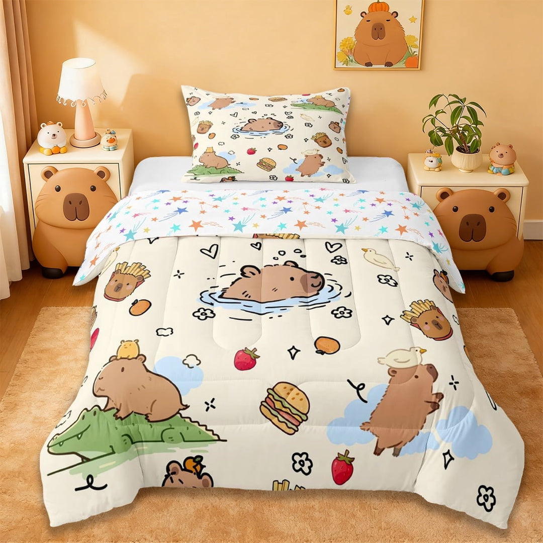 Erosebridal Brown Cartoon Capybaras Twin Comforter Sets,Funny Mouse Rodent Bedding Set For Capybara Lovers Reversible 2 Pieces