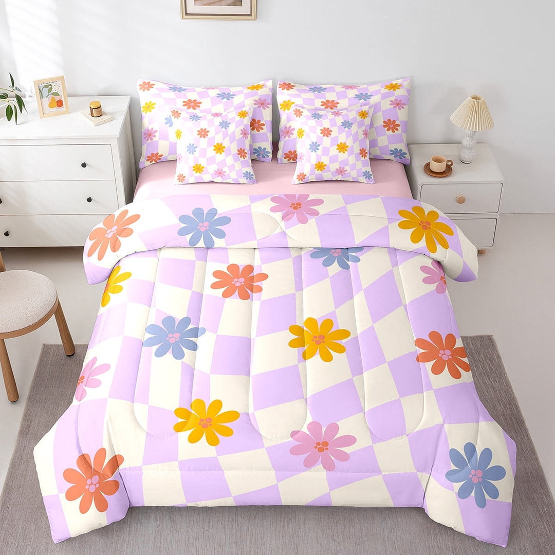 Erosebridal Vintage Daisy Bedding Twin Size, Purple Plaid Bed in a Bag Twin size, Groovy Flower Room Decor, Reversible 7pcs