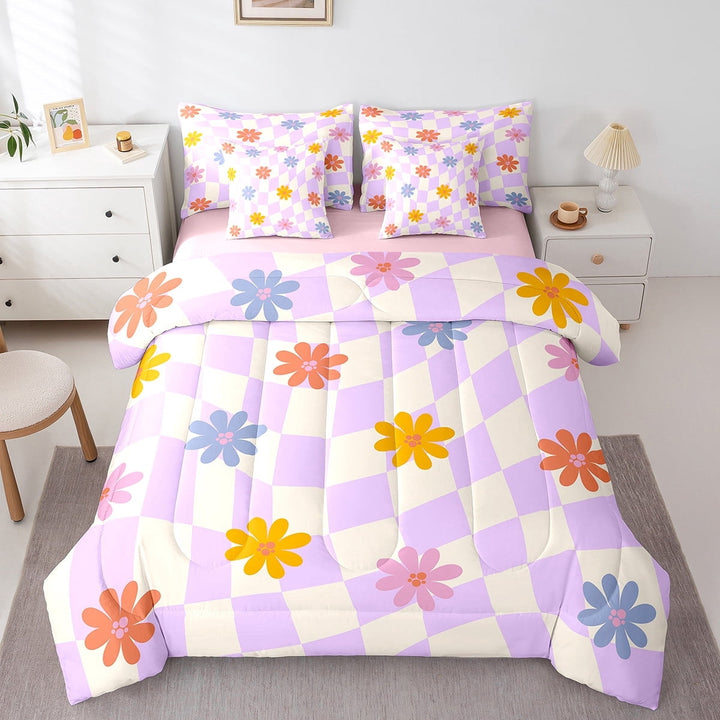 Erosebridal Vintage Daisy Bedding Twin Size, Purple Plaid Bed in a Bag Twin size, Groovy Flower Room Decor, Reversible 7pcs