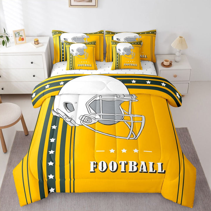 American Football City Comforter Set Sports Theme Bedding 7Pcs King, Sports Fans Lovers Gifts Comforter Set with Sheets, Yellow Army Green Duveted Quilt 7 Pieces ( Green Bay)