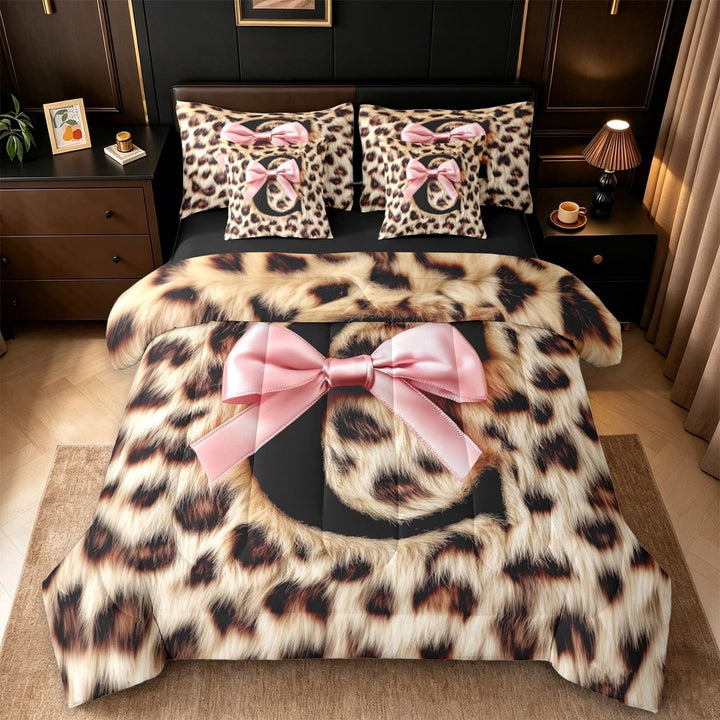 Erosebridal Abstract Leopard Print 7-Piece Twin Bedding Sets For Kids,Classic Cheetah Pattern Letter C Monogram Bedding Comforter Set,Black Reversible