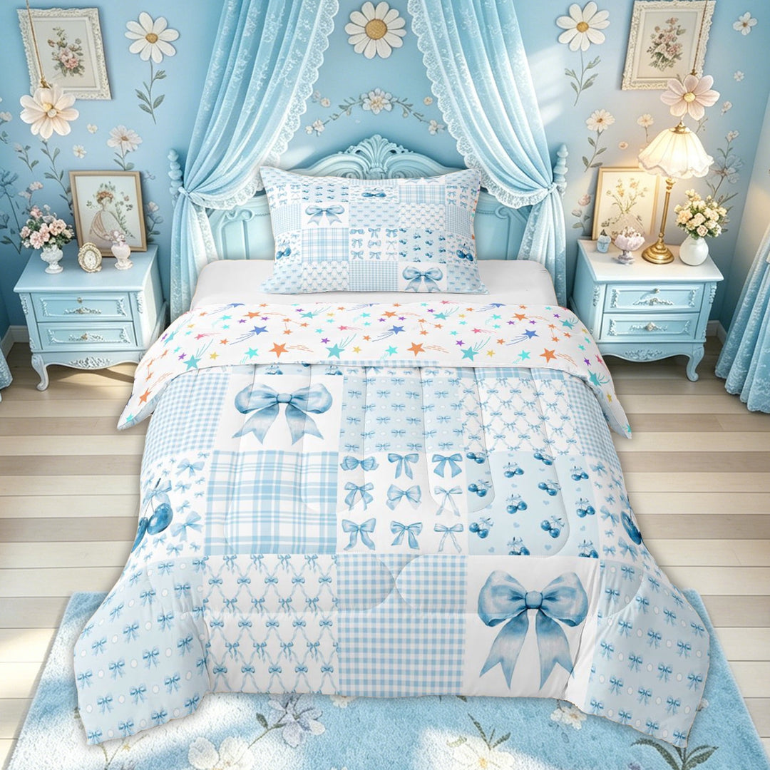 Meiyoeat Kawaii Bow Cherry Plaid Full Size Comforter Sets for Boys Girls, Blue Kawaii Ribbon Bedding Sets, Colorful Star Reversible, 3-Piece