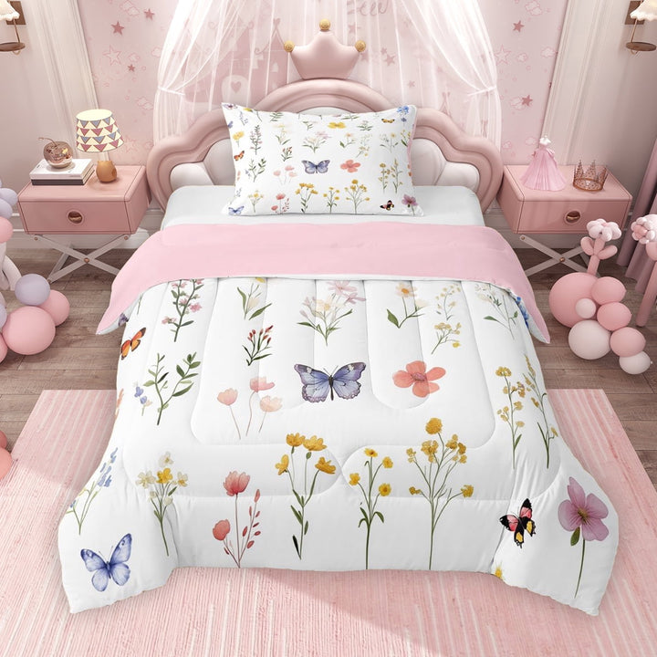 Erosebridal Colorful Flower Twin Comforter Sets for Kids Girls, Flying Butterfly Bedding Set, Pink Reversible, 1 Comforter and 1 Pillowcase