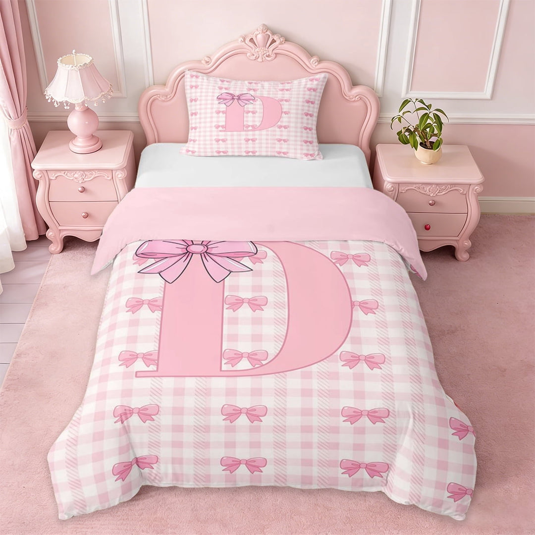 Erosebridal Kids Coquette Bow Twin Bedding For Girls,Plaid Theme Letter D Personalized Initial Duvet Cover Set,Pink Reversible,2pcs(No Comforter)