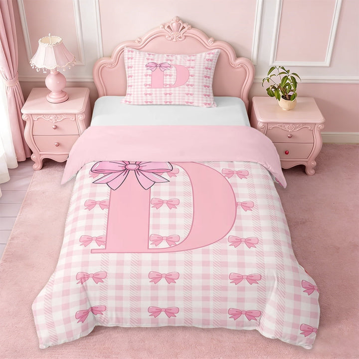 Erosebridal Kids Coquette Bow Twin Bedding For Girls,Plaid Theme Letter D Personalized Initial Duvet Cover Set,Pink Reversible,2pcs(No Comforter)