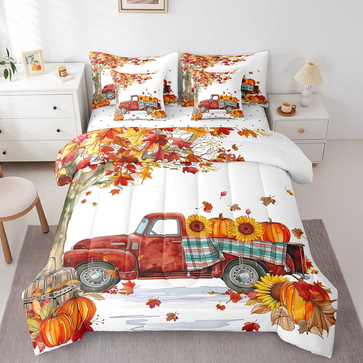 Thanksgiving Pumpkin King Comforter Set,Maple Leaves Truck Sunflower 7 Pieces Bed in a Bag,Autumn Harvest Bedding Sets with 1 Comforter,1 Flat Sheet,1 Fitted Sheet,2 Pillowcase and 2 Pillow Sham