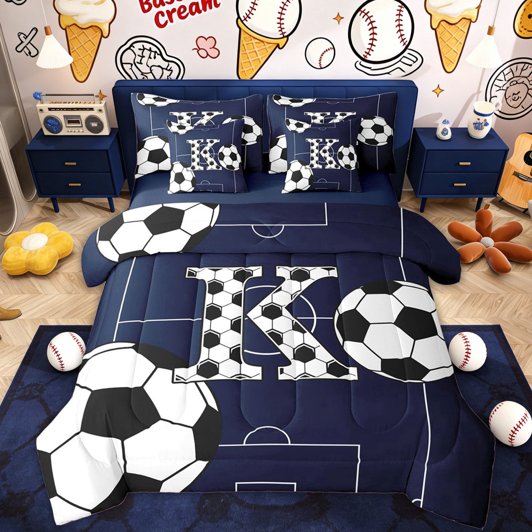 Erosebridal Kid Soccer Initial K Twin Bedding Sets, Football Lover Bedding Comforter Set, Blue Reversible, 7pcs