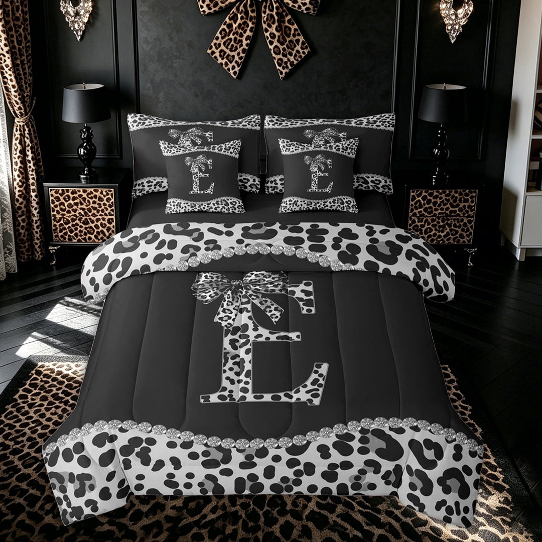Meiyoeat Cute Sequin Cheetah Print Bow Bedding Comforter Set for Girls Adults, Black White Initial E Letter King Bedding Sets, Black Reversible, 7-Piece