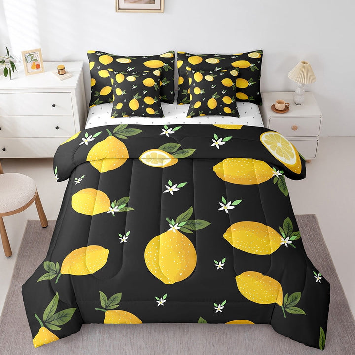 Erosebridal Tropical Lemon Bedding Sets Twin Size,Summer Season Fruit Comforter Sets with Sheets,Yellow Green,7pcs