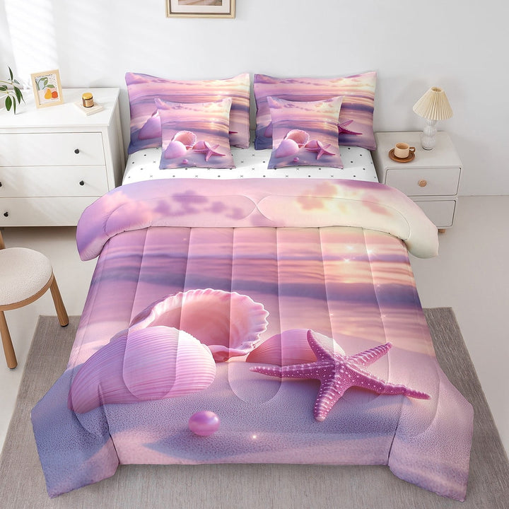 Erosebridal Pink Seashell Bed in a Bag Twin size, Kawaii Starfish Bed Set, Romantic Beach Decor, Reversible 7pcs