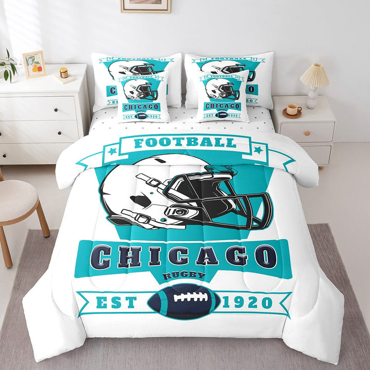 Erosebridal Soccer Rugby Bed in a Bag Twin size 7 Pieces , White Teal, Super Cozy, Chicago